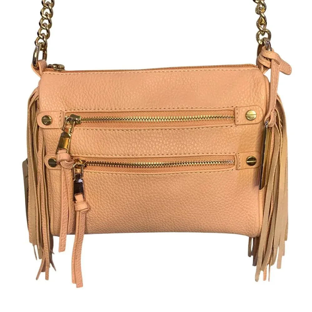 NWT Massini Crossbody Bag Peach Pink Vegan Leather With Fringe Gold Hardware